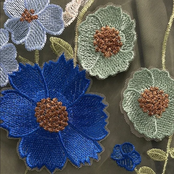 Embroidered Olive Green Sheer Floral Blouse - Picture 5 of 6